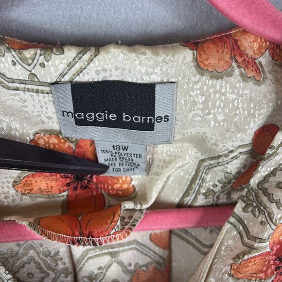 Maggie Barnes Blouse Womens 18W Floral Button Orange Beige Short Sleeve Asian - Picture 6 of 9